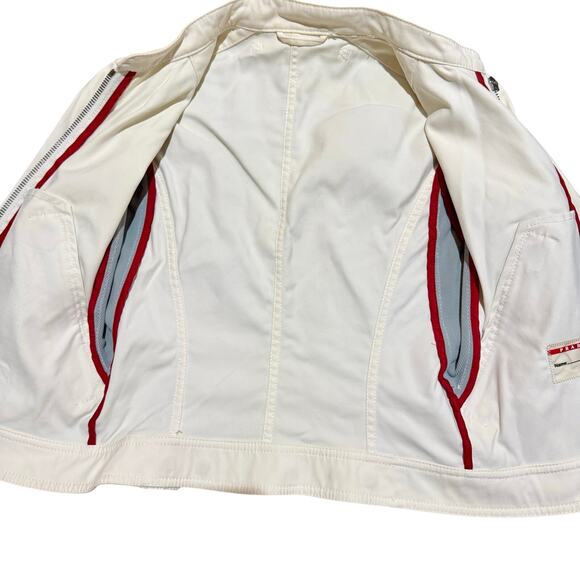Prada Y2K early 2000’s RARE denim biker jacket, Sz4/S, White, Sky Blue, Red - Picture 6 of 9